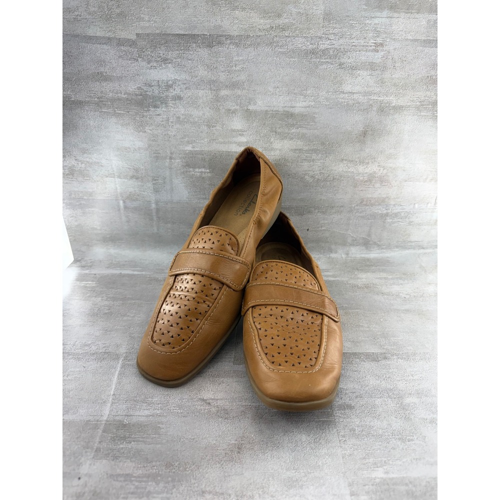Clarks Collection Tan Brown Leather Perforated Square Toe Loafers Women Size 9M